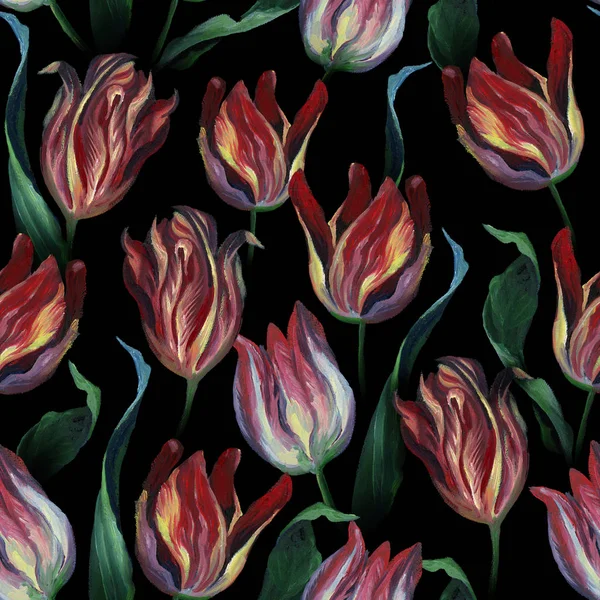 Oil or pastel drawing. Seamless pattern of red tuliip flowers and leaves on dark black background. Flowers drawing in old style