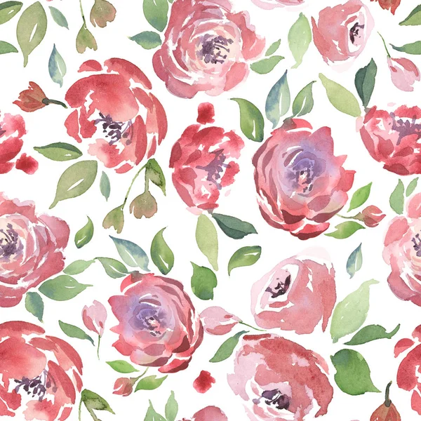 Watercolor Romantic Seamless Pattern Simple Red Roses Isolated White Background — Stock Photo, Image