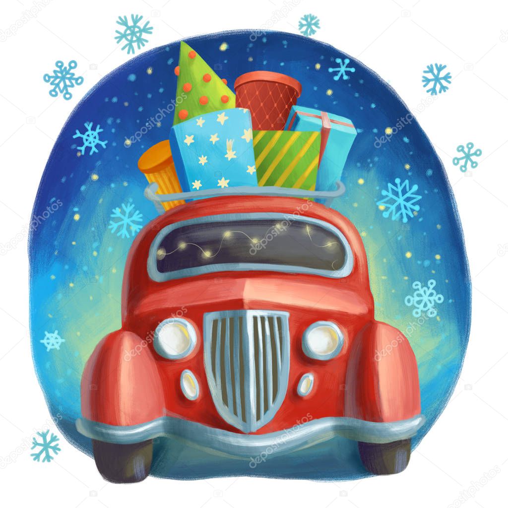Digital illustration festive holiday design element on old fashioned red car with stack of bright gift and present boxes and cristmas tree on roof rack on snowy blue background