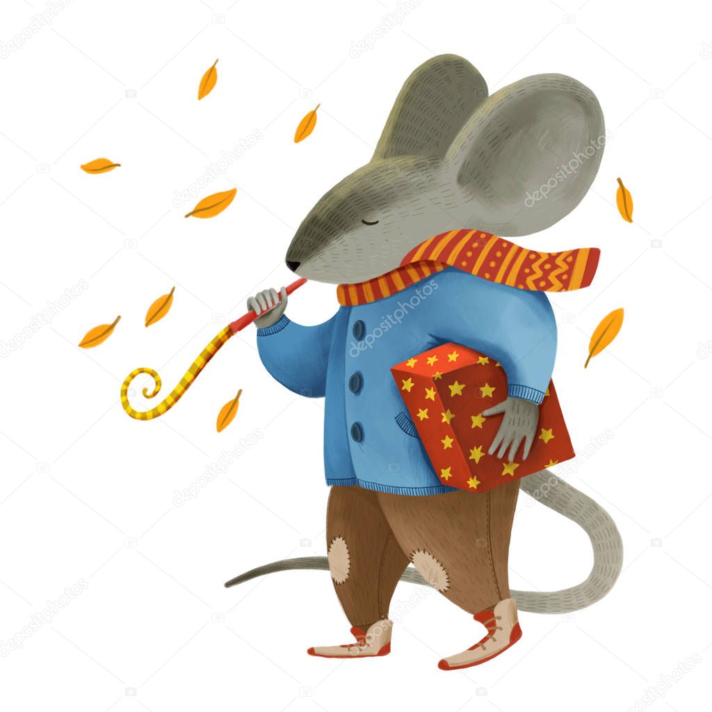 Digital raster illustration is isolated on white background.A gray mouse in blue jacket and brawn pants holds the red gift and whistles isolated on white background