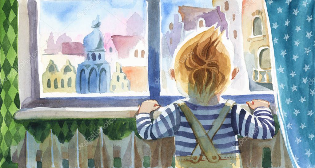 Watercolor  illustration. Back view of the little boy, who looks through the window to the street. The indors scene