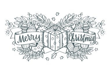 Merry Christmas - üzerinde arka izole Noel tatil hat ifade ve hediyeler, topları, dekor yazı. Tatil afiş Fotoğraf bindirmeleri, tişört baskı, el ilanı, afiş tasarımı için. 