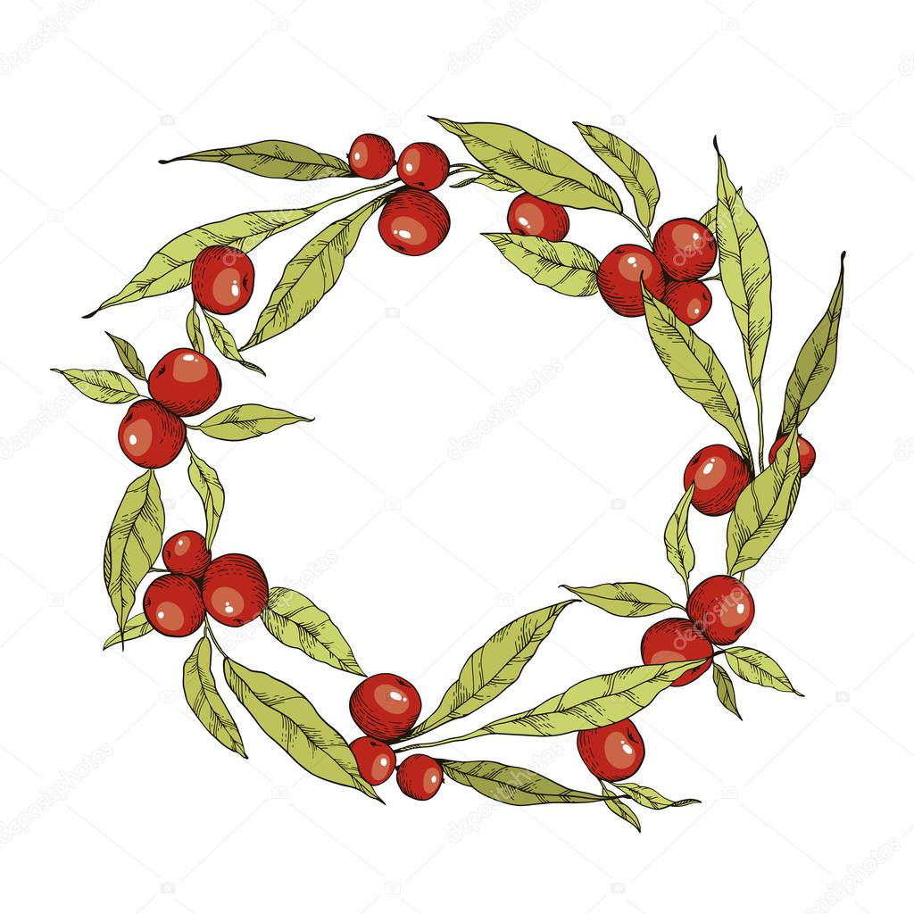 Vector illustratiom isolated on white background. Autumn wreath of brown and yellow leaves and red berries. Frame for invitation and greeting card, print and wedding in boho and rustic stile