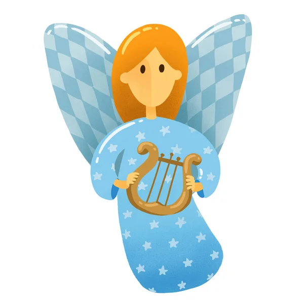 Digital drawing Christmas scene. A little angel with wings in blue dress holds a musical instrument harp drawing in kids stile on white background