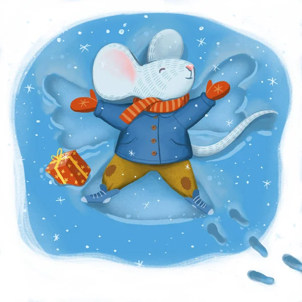 A mouse in warm coat, scarf and pants leys on snow and makes an angel figure. Digital illustration about Christmas, New Year and other winter Holidays.