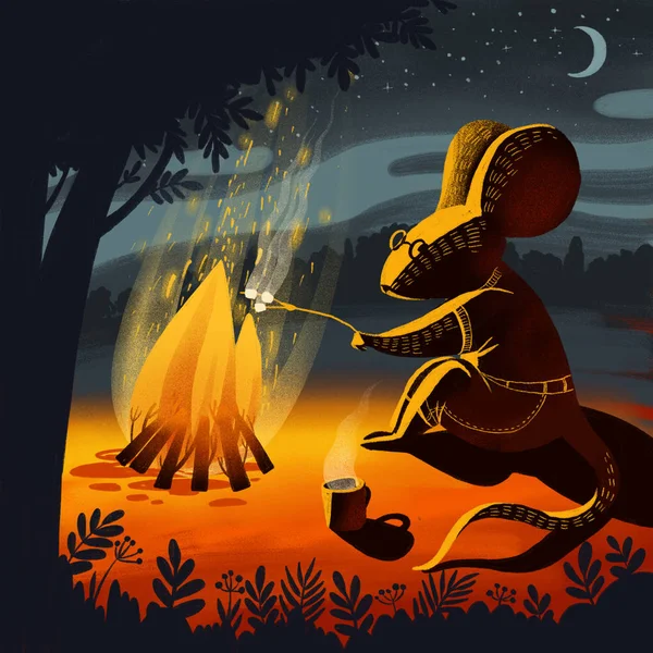 Digital Illustration Bonfire Hill Forest Star Night Mouse Animal Shirt — Stock Photo, Image