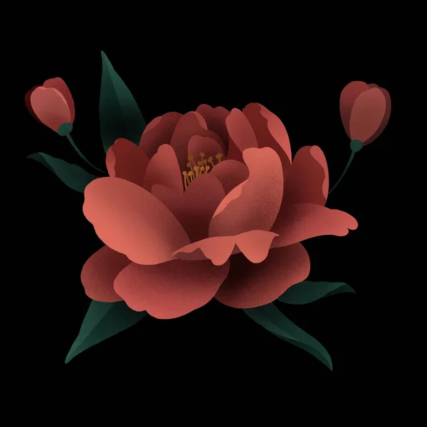 Ilustración Digital Flores Rosadas Corona Rosas Hojas Sobre Fondo Negro — Foto de Stock