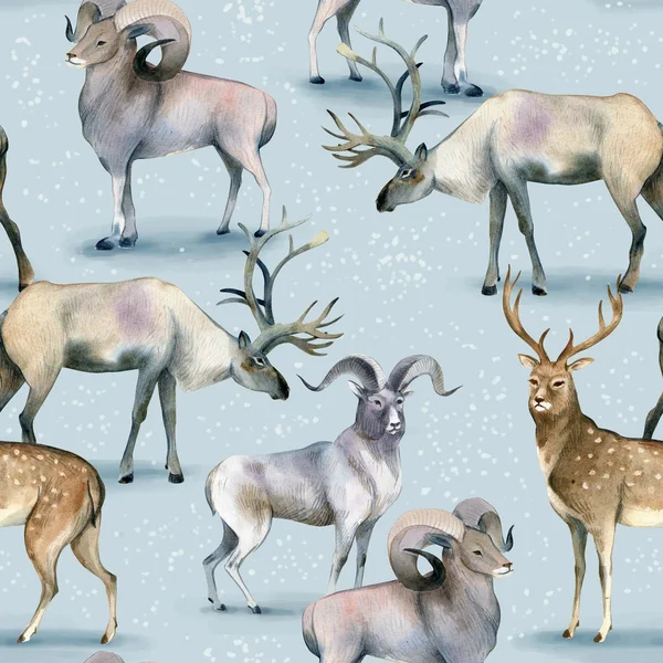 Naadloze Dierlijke Patroon Aquarel Achtergrond Van Hert Herten Schapenvlees Sneeuw — Stockfoto