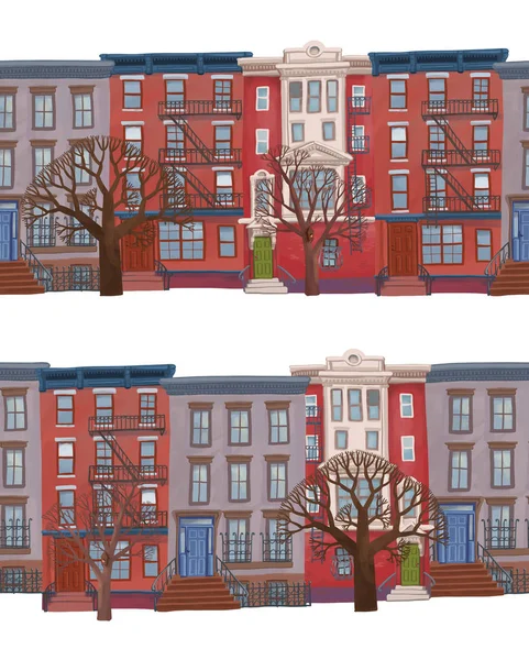 Digitální Ilustrace Vzor Bezešvé Vícepodlažní Budovy Stromy Jako Pouliční Výkres — Stock fotografie