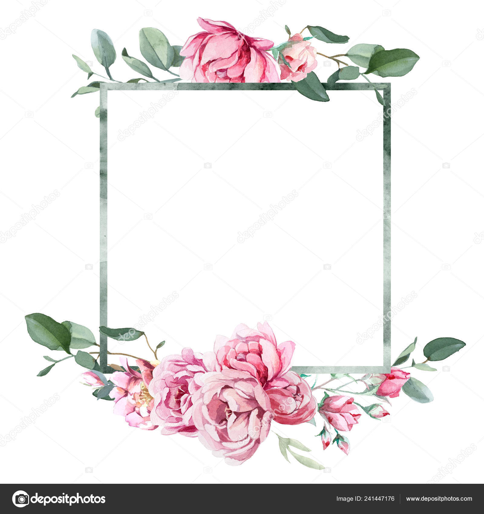 Vannfargeillustrasjon Lys Rosa Blomster Grønne Blader Ramme Med Bukett  Peoner – stockillustrasjon © KatBuslaeva #241447176, image size:1600x1700
