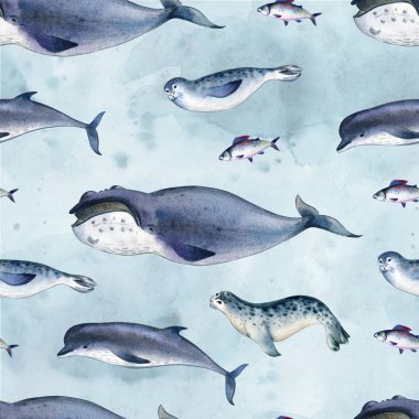Sulu boya Dikişsiz desen deniz fauna hakkında. deniz hayvan. Gri yunus, balina, balık ve mühür mavi