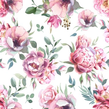 Hafif pembe çiçekler ve yeşil yaprak suluboya çizimi. Dikişsiz desen şakayık ve blosom çiçek beyaz arka plan üzerinde. Çiçek öğe için düğün ve davet kartları, Sevgililer kartları ve baskılar için