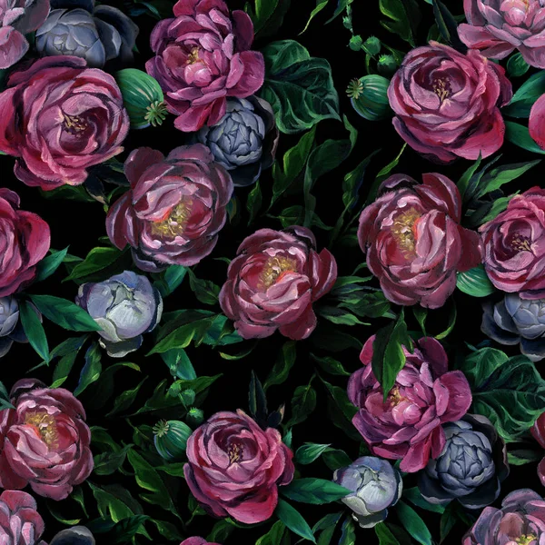 Olej Lub Pastelowe Jednolity Wzór Różnych Biały Niebieski Piwonia Kwiatów — Zdjęcie stockowe