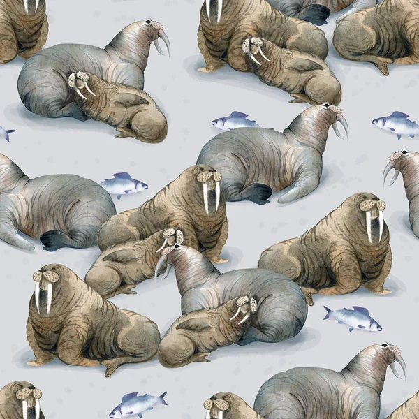 Sömlös Akvarell Mönster North Fauna Och Havet Djur Besättningen Brun — Stockfoto
