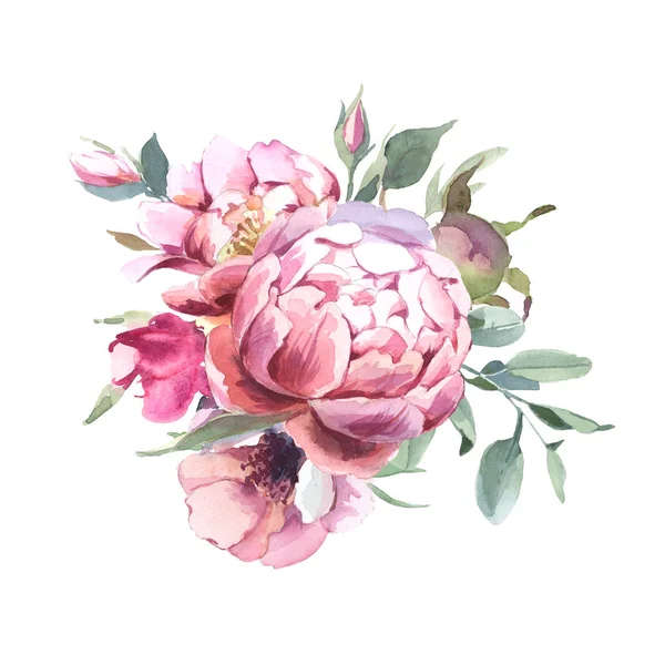 Akvarell Illustration Ljus Rosa Blommor Och Gröna Blad Blombukett Pion — Stockfoto