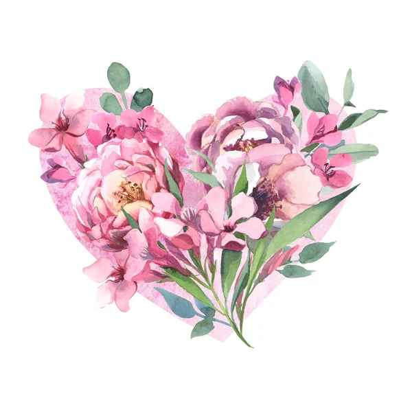 Watercolor illustration of light pink flowers and green leaves. Bouquet in heart shape of peony and blosom flowers isolate in white background. Floral element for wedding and invitation cards, for valentine cards and prints