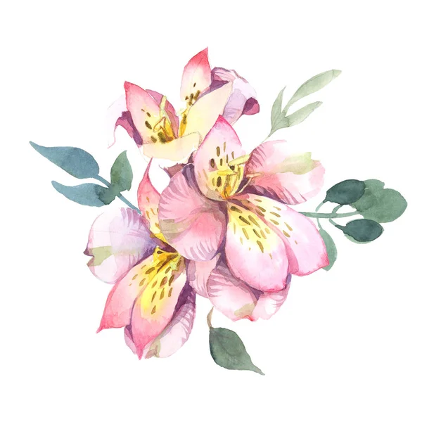 Akwarela Ilustracja Jasny Różowe Kwiaty Zielonych Liści Bukiet Kwiatów Jabłoni — Zdjęcie stockowe