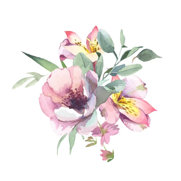 Akvarell Ábrán Világos Rózsaszín Virágok Zöld Levelek Pünkösdi Rózsa Blosom — Stock Fotó