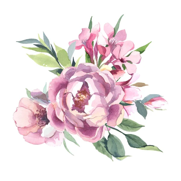 Illustration Aquarelle Fleurs Rose Clair Feuilles Vertes Bouquet Pivoine Fleurs — Photo