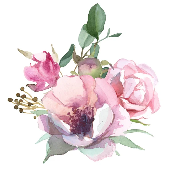 Illustration Aquarelle Fleurs Rose Clair Feuilles Vertes Bouquet Pivoine Fleurs — Photo