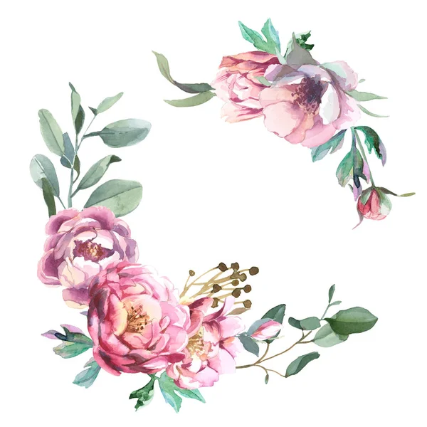 Illustrazione Acquerello Fiori Rosa Chiaro Foglie Verdi Cornice Rotonda Peonia — Foto Stock