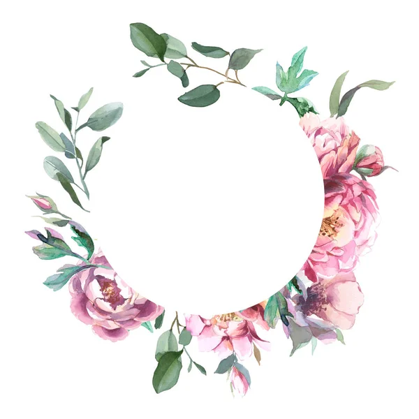 Акварельна Ілюстрація Світло Рожевих Квітів Зеленого Листя Кругла Рамка Півоній — стокове фото