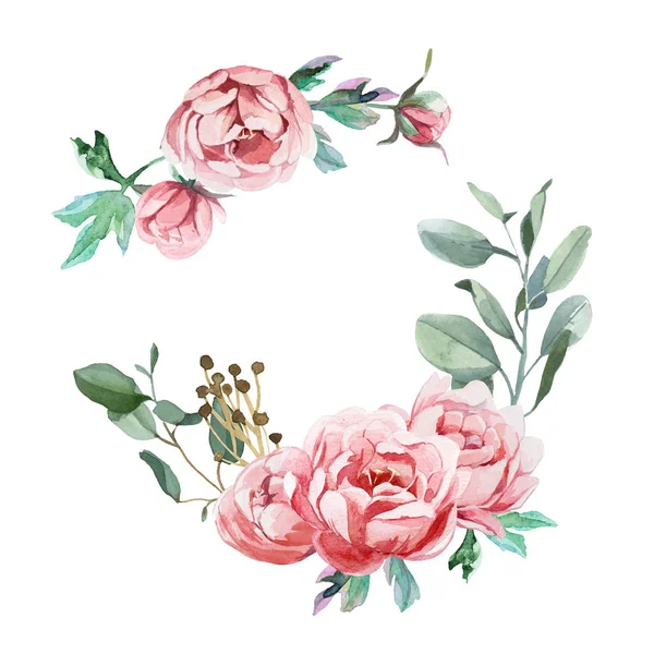 Watercolor illustration of light pink flowers and green leaves. Round frame of peony and blosom flowers isolate in white background. Floral element for wedding and invitation cards, for valentine cards and prints