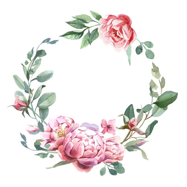 Ακουαρέλα Απεικόνιση Του Φωτός Ροζ Λουλούδια Και Πράσινα Φύλλα Στρογγυλή — Φωτογραφία Αρχείου