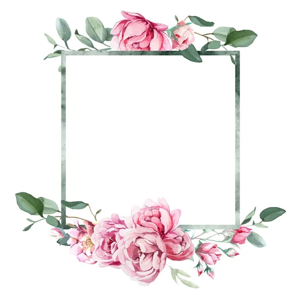 Akvarell Ábrán Világos Rózsaszín Virágok Zöld Levelek Keret Blosom Bazsarózsa — Stock Fotó