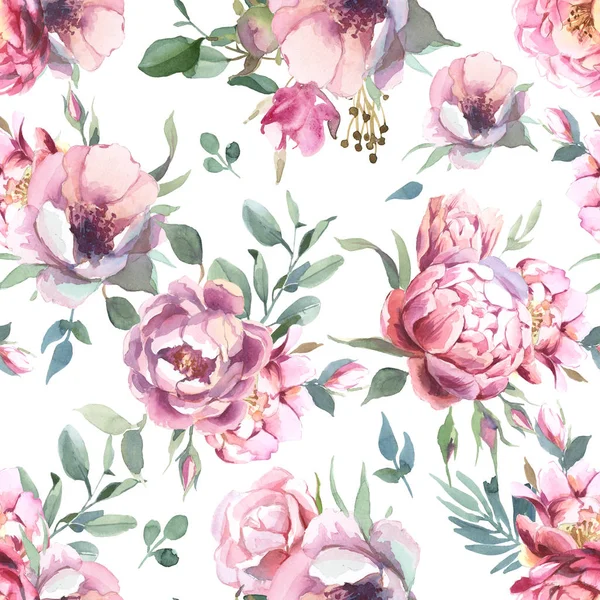Illustration Aquarelle Fleurs Rose Clair Feuilles Vertes Modèle Sans Couture — Photo