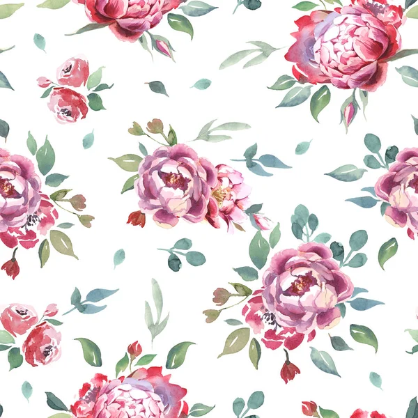 Watercolor Illustration Light Pink Flowers Green Leaves Seamless Pattern Peony — Stock Photo, Image