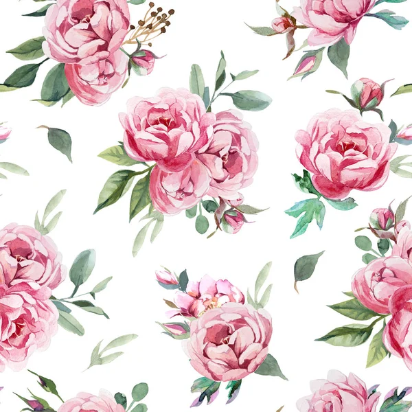 Ακουαρέλα Απεικόνιση Του Φωτός Ροζ Λουλούδια Και Πράσινα Φύλλα Χωρίς — Φωτογραφία Αρχείου