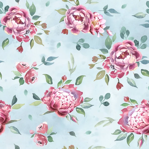 Illustrazione Acquerello Fiori Rosa Chiaro Foglie Verdi Modello Senza Cuciture — Foto Stock