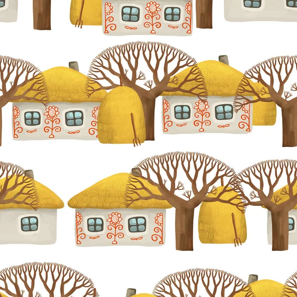 Безшовний Візерунок Лиходія Маленьким Пофарбованим Будинком Побіленим Будинком Голими Деревами — стокове фото