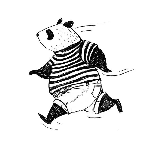 Black and white pencil illustration. Running panda in t-shirt and jeans