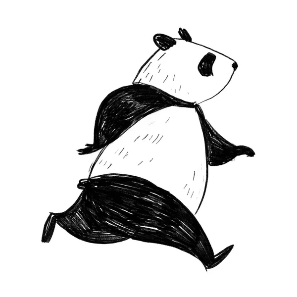 Fekete Fehér Ceruza Illusztráció Vázlat Kézzel Rajzolt Futó Panda — Stock Fotó