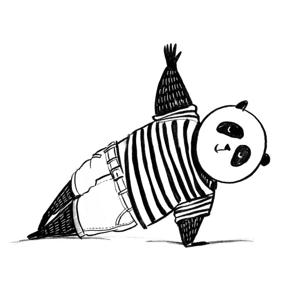 Panda Shirt Und Jeans Stehen Schiebeplanken Joga Pose Schwarzweiß Bleistift — Stockfoto