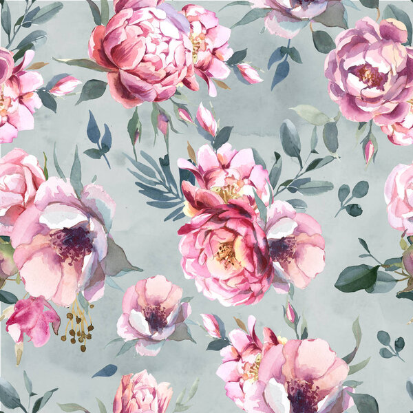 Watercolor illustration of light pink flowers and green leaves. Seamless pattern of peony and blosom flowers on splash background. Floral element for wedding and invitation cards, for valentine cards and prints — Stock Image Watercolor Illustration Light Pink Flowers Green Leaves Seamless Pattern Peony Royalty Free Stock Images