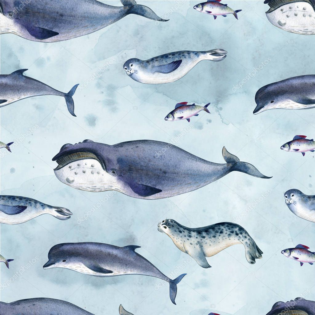 Seamless watercolor pattern about sea fauna. marine animal. Gray dolphin, whale, fish and seal on blue