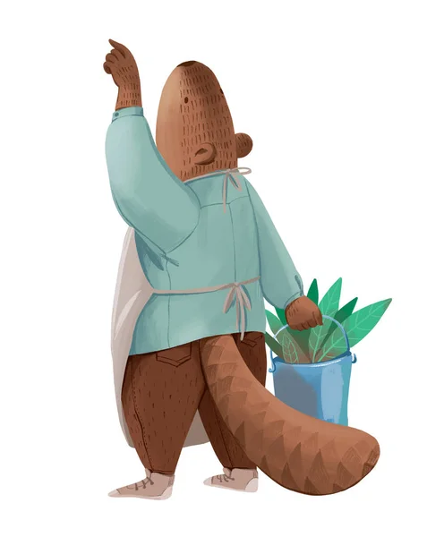 The beaver in apron holding a metal bucket with green leaves iso — Stock Photo, Image