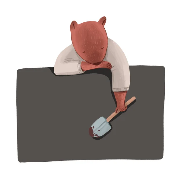 El castor como humano en camisa sosteniendo una pala de jardín y dormir — Foto de Stock