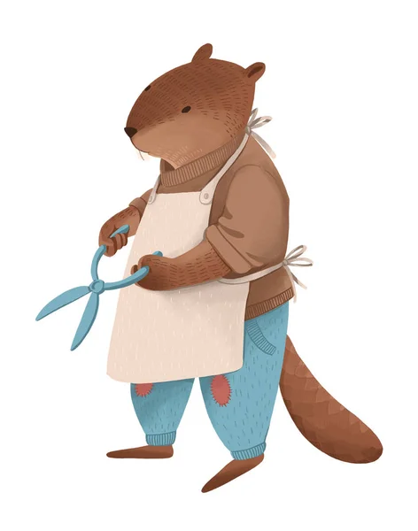 Ilustracja bobrów, jak ludzi w dżinsy, sweter i apro — Zdjęcie stockowe