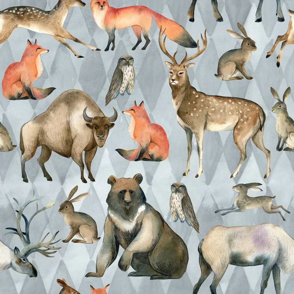 水彩画逼真的森林动物素描。无缝模式关于 — 图库照片