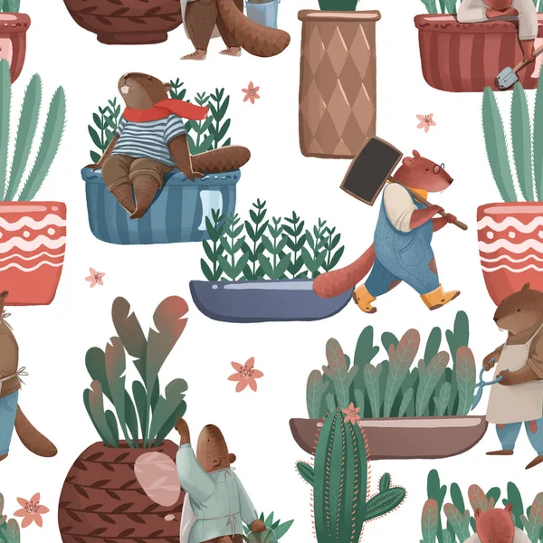 Seamless pattern about houseplant. Little cartoon beavers take c — Stock Photo, Image