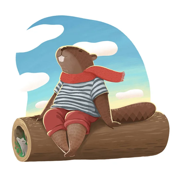 Ilustracja bobrów, jak ludzi w brązowe spodnie, t-shirt — Zdjęcie stockowe