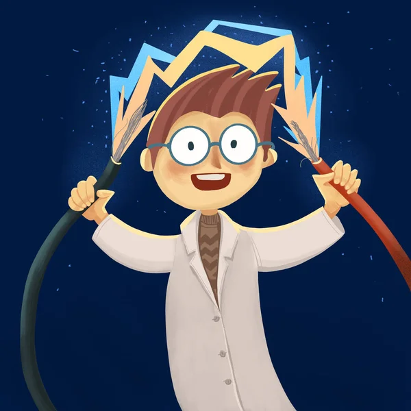 Illustration of little white boy scientist in white robe and gla
