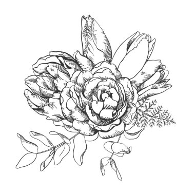 Siyah ve beyaz vektör hat illüstrasyon, şükreden buket kroki