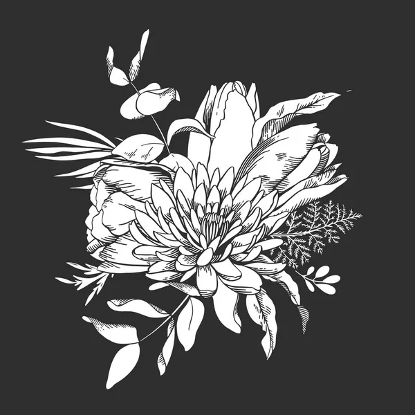 Illustration vectorielle de croquis linéaires, bouquet de tulipes. Éléments floraux — Image vectorielle