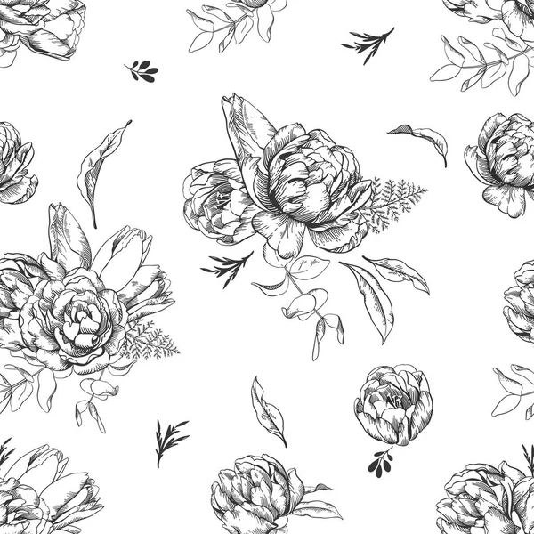 Patrón floral inconsútil de dibujo vectorial en blanco y negro illustr — Archivo Imágenes Vectoriales
