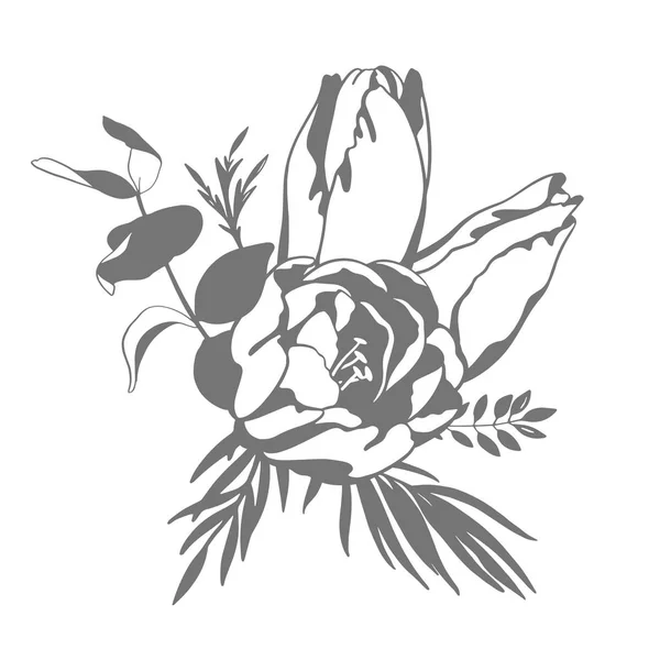 Чорно-біла векторна марка Ескізна ілюстрація, букет тюльпанів — стоковий вектор